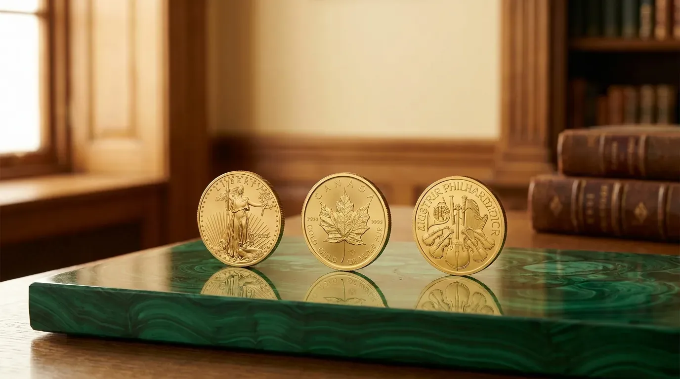 IRA-eligible gold bullion coins displayed on polished malachite stone